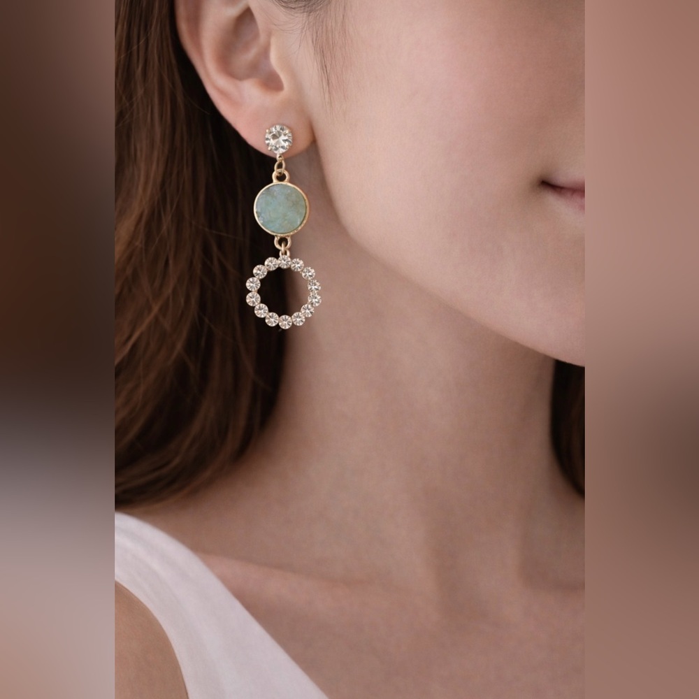Pastel Faux Blue Green Stone Crystal Gold Rhinestone Earrings Dangle Drop NEW
